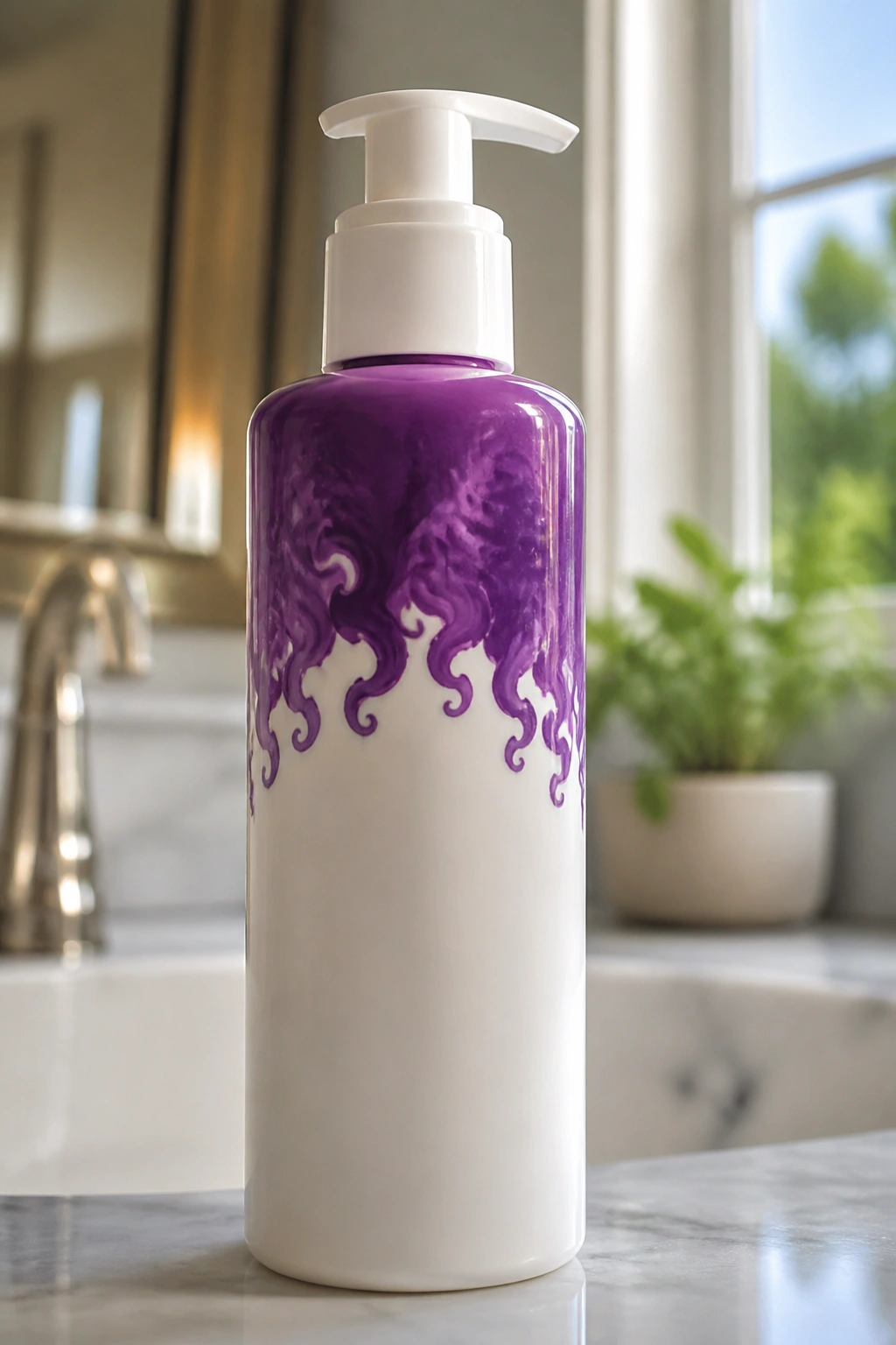 Close-up of Not Your Mother’s Curl Talk Defining Cream bottle on bathroom vanity with no visible label text