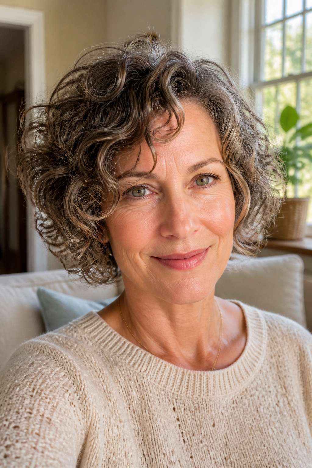 Close-up of a curly-haired woman with a long pixie bob