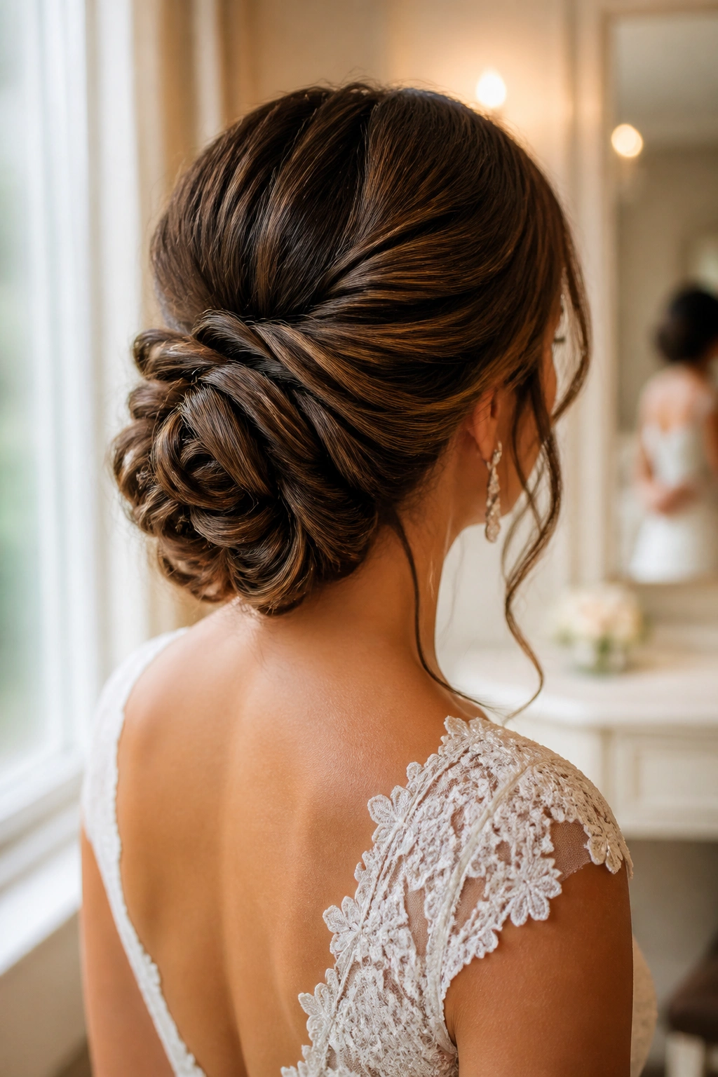 Close-up of a bride with a curled bun and hidden ends in a bridal suite