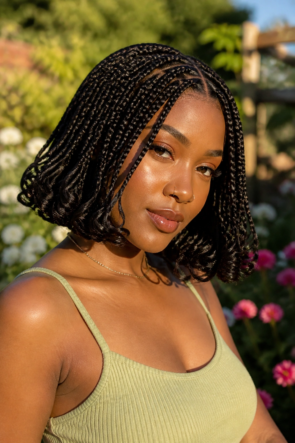 Close-up of a woman with curled-end bob braids in golden hour light