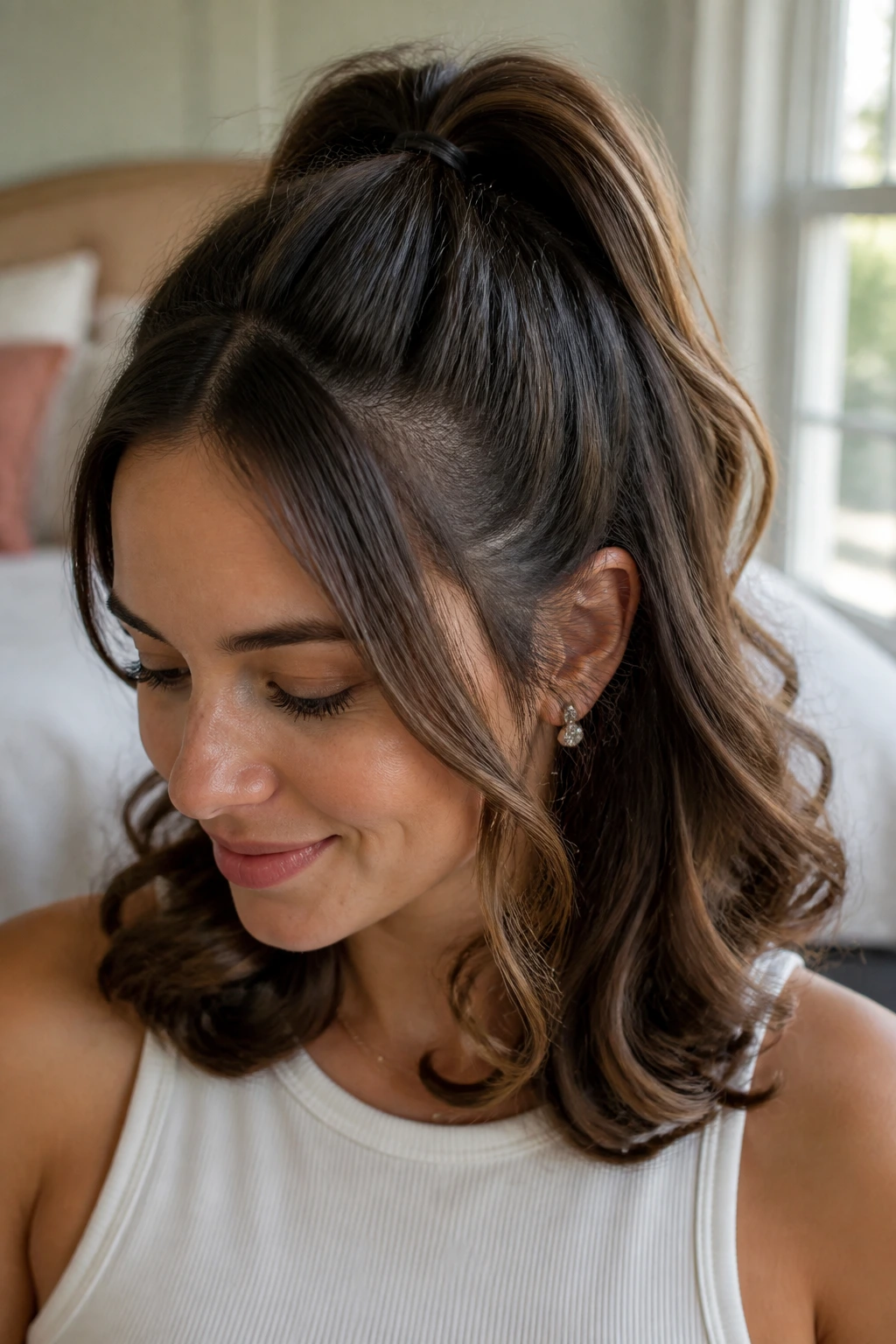 Real woman with Curled-End Half-Up Ponytail in a cozy bedroom.