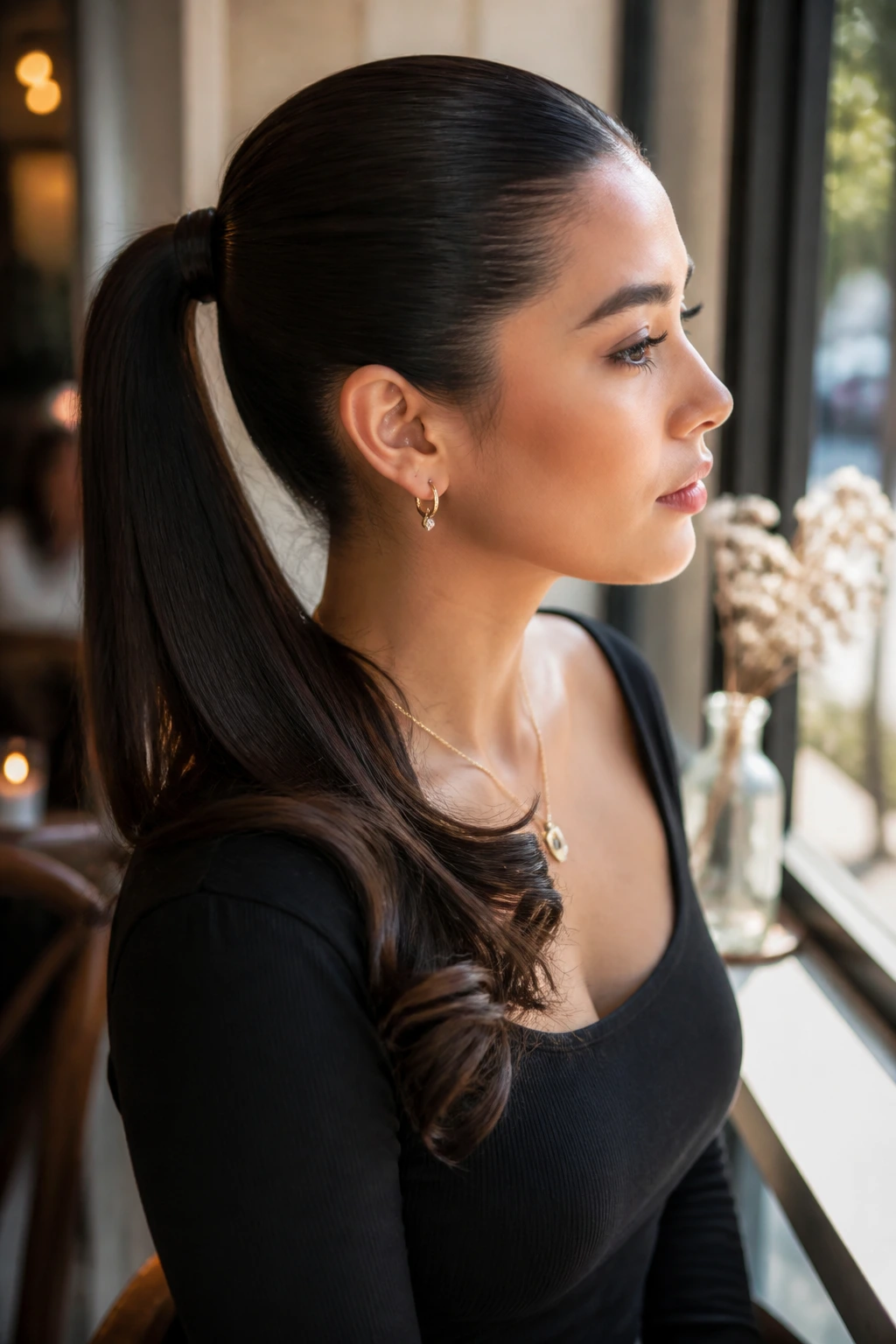Portrait of a real woman with a curled-end sleek ponytail at a cafe window