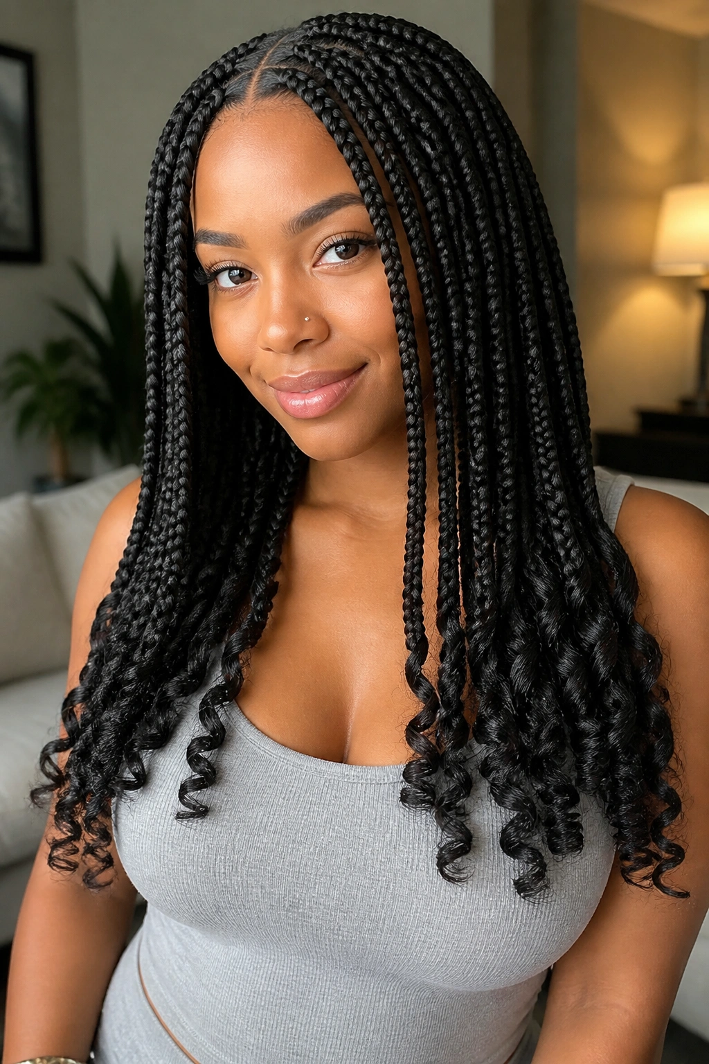 Close-up portrait of a real person with box braids ending in soft curls.