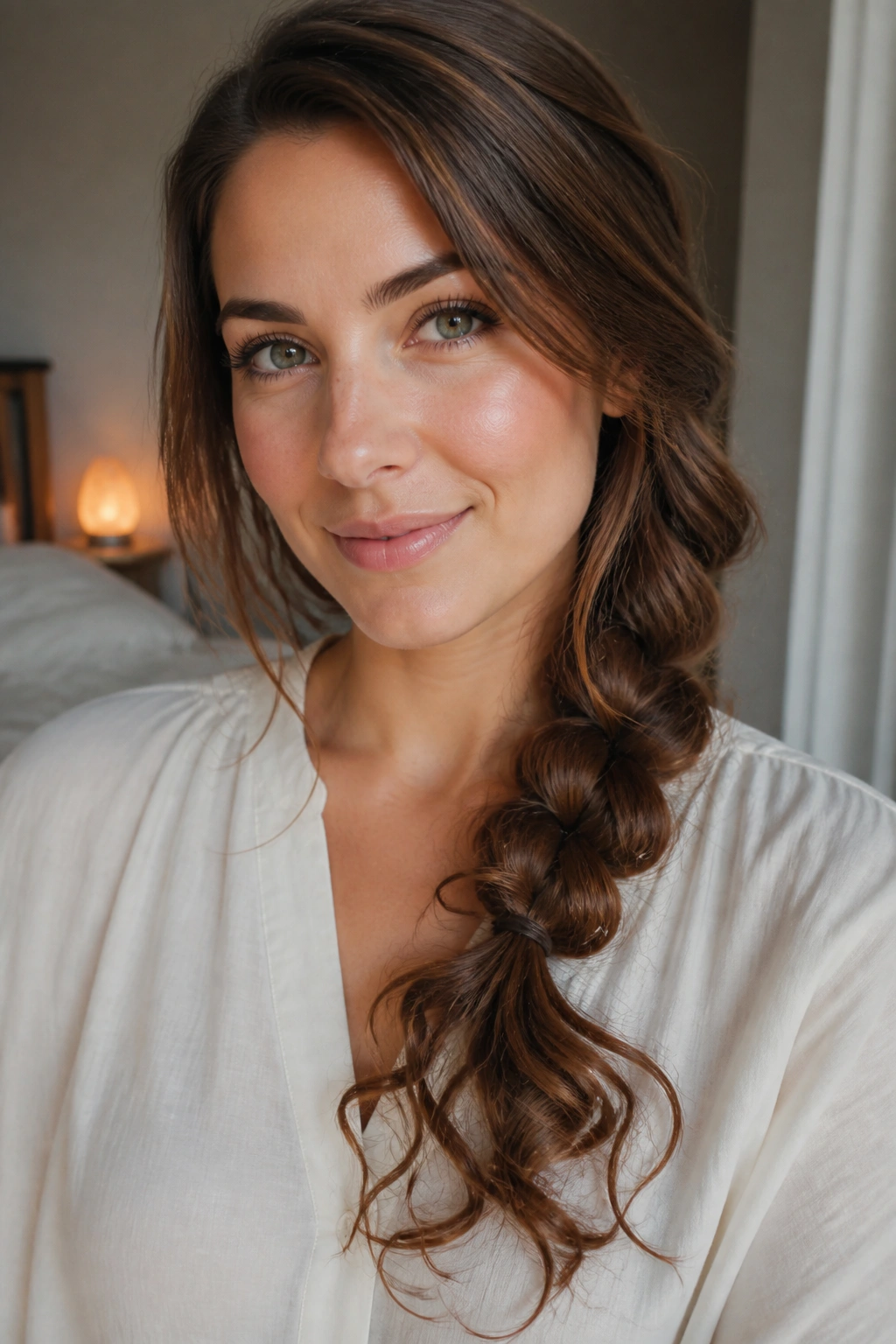 Close-up of a real person with a side braid ending in loose curls