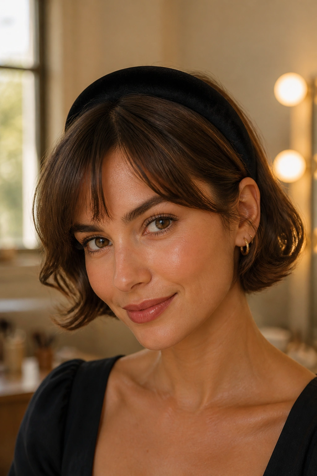Close-up of a real woman with curled ends and velvet headband framing the face.