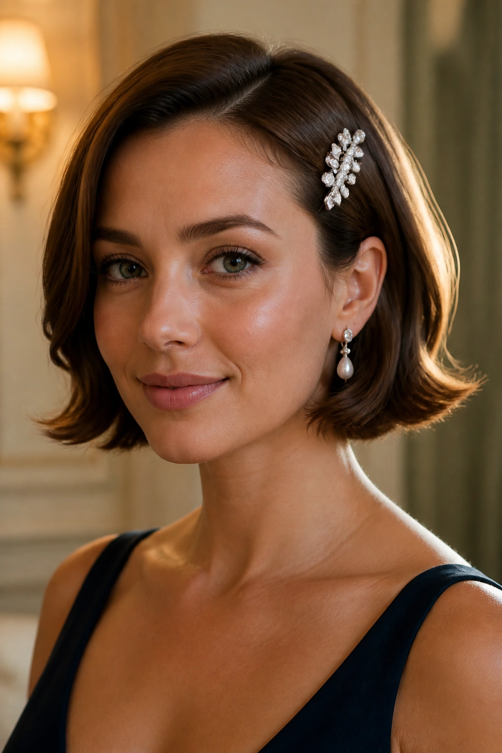 Close-up portrait of a real woman with curled ends and a jeweled clip on a blunt bob
