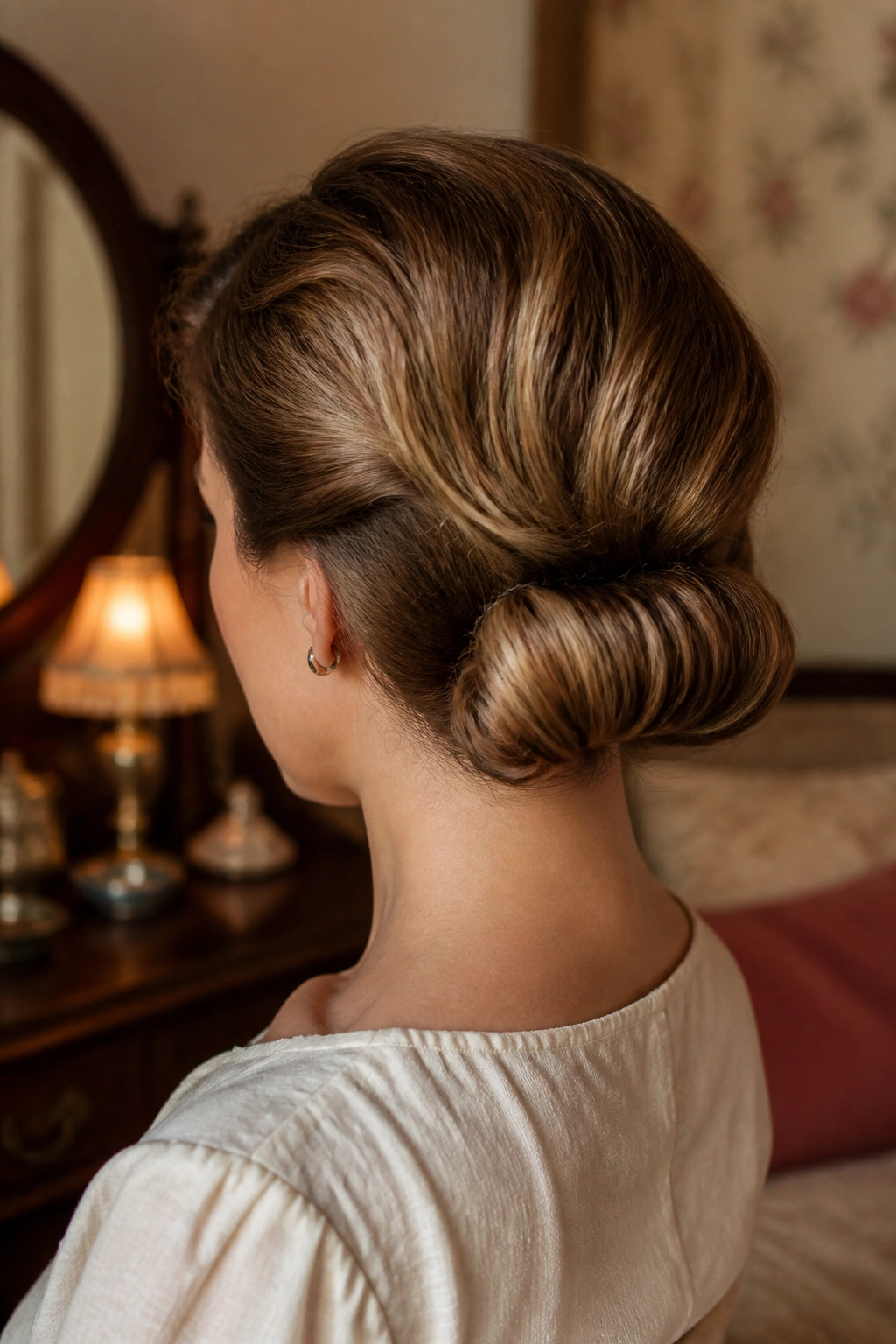 Three-quarter back portrait of a real woman with a curled pin-up roll at the nape.