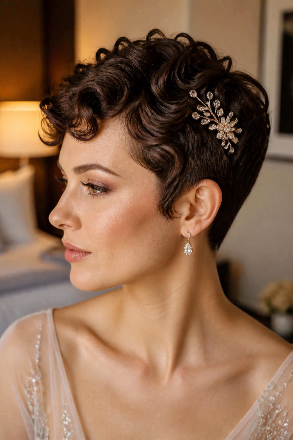 Close-up of a real woman with a curled pixie and decorative pin.