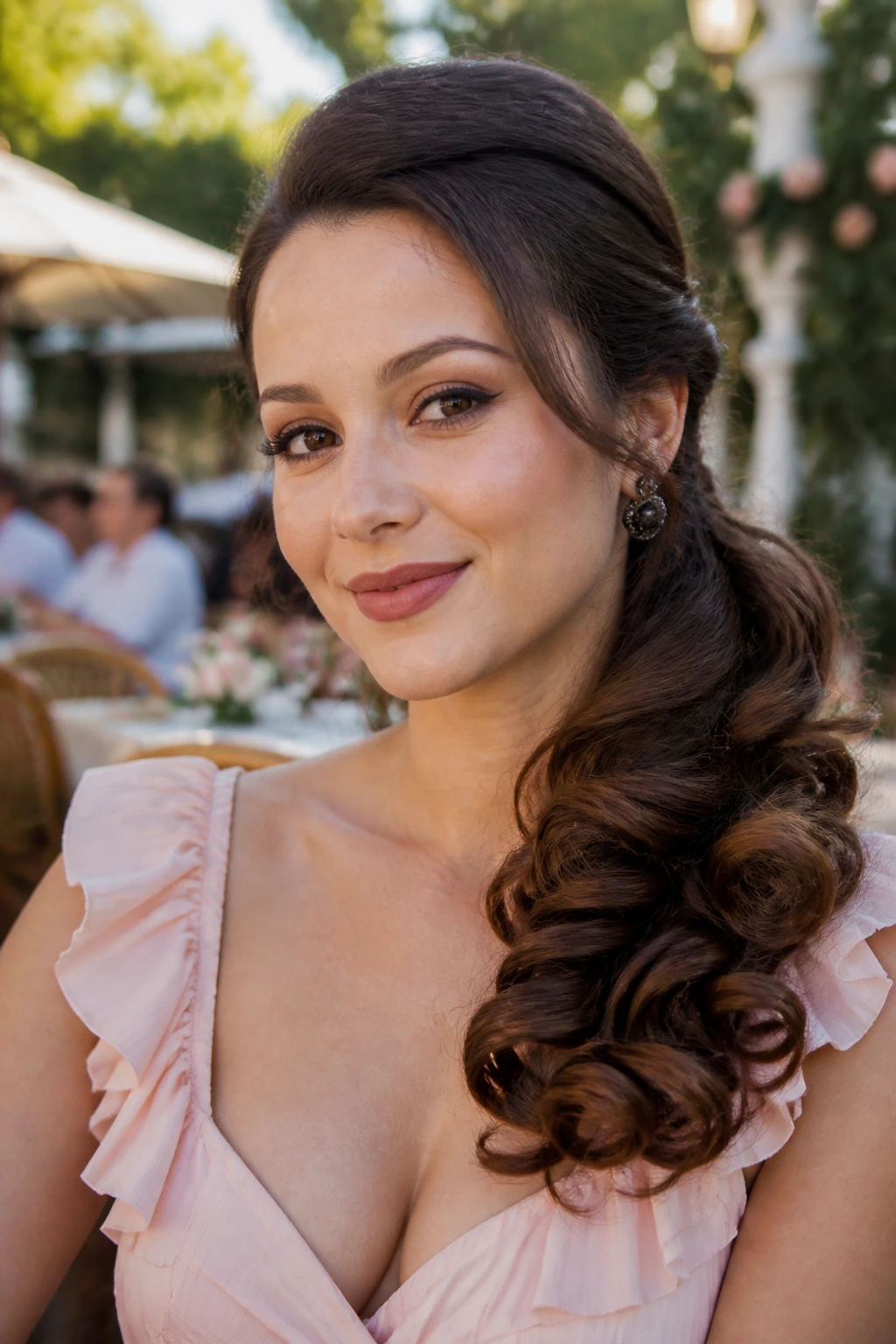 Close-up of a real woman with a curled side ponytail outdoors