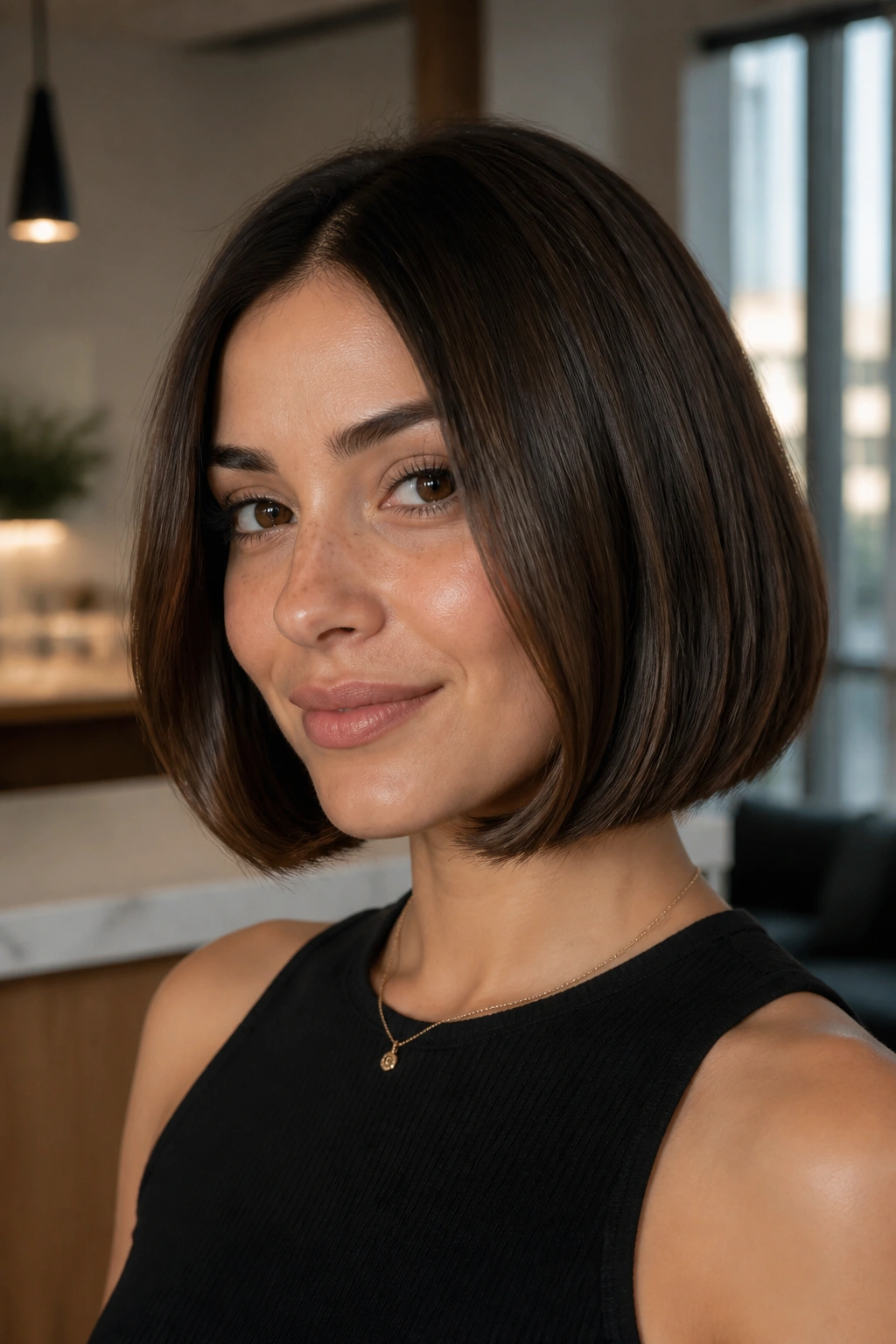 Close-up of a blunt bob with curled-under ends hairstyle