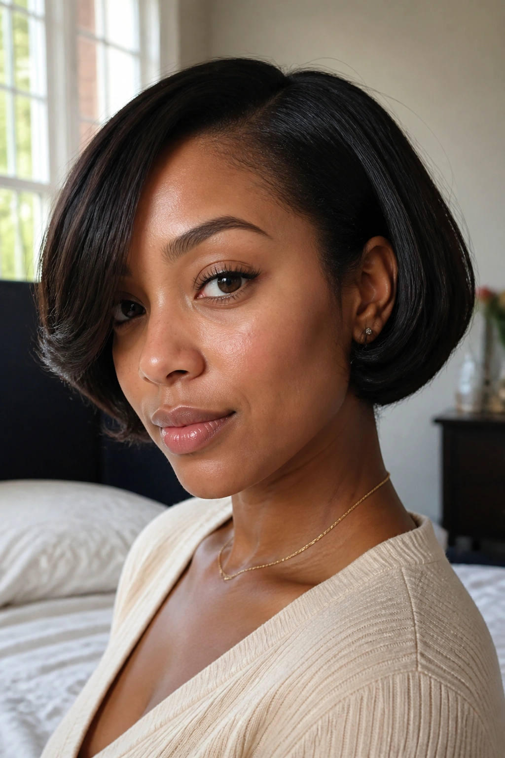 Close-up of a real woman wearing an ear-length curled-under bob in warm bedroom light