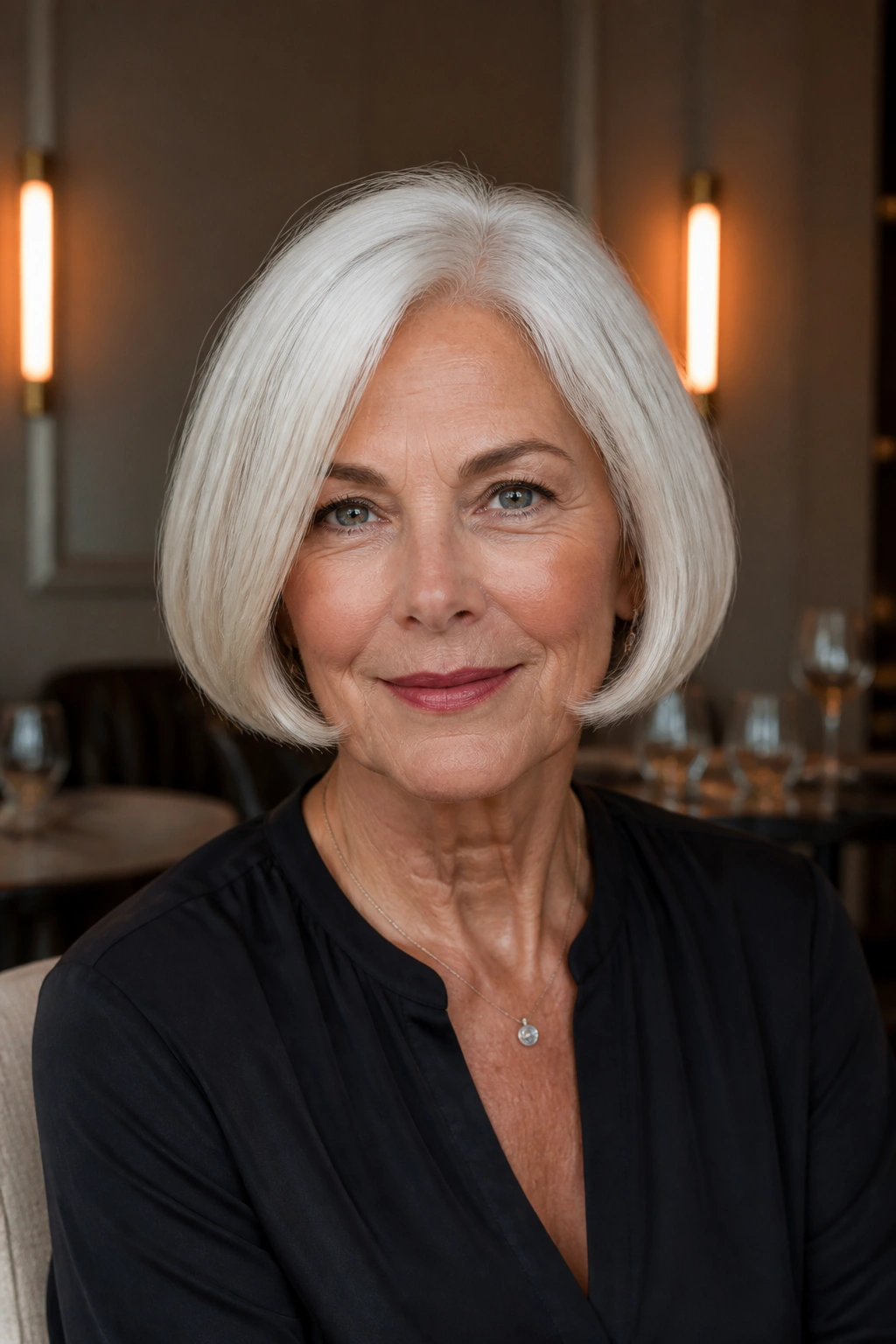 Close-up portrait of a real person with a white curled-under bob in warm dining-room light