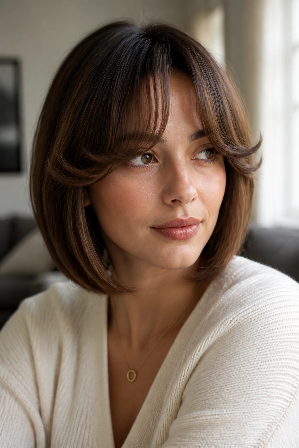 Close-up portrait of a real woman with curled-under fringe and shoulder-length bob in warm window light