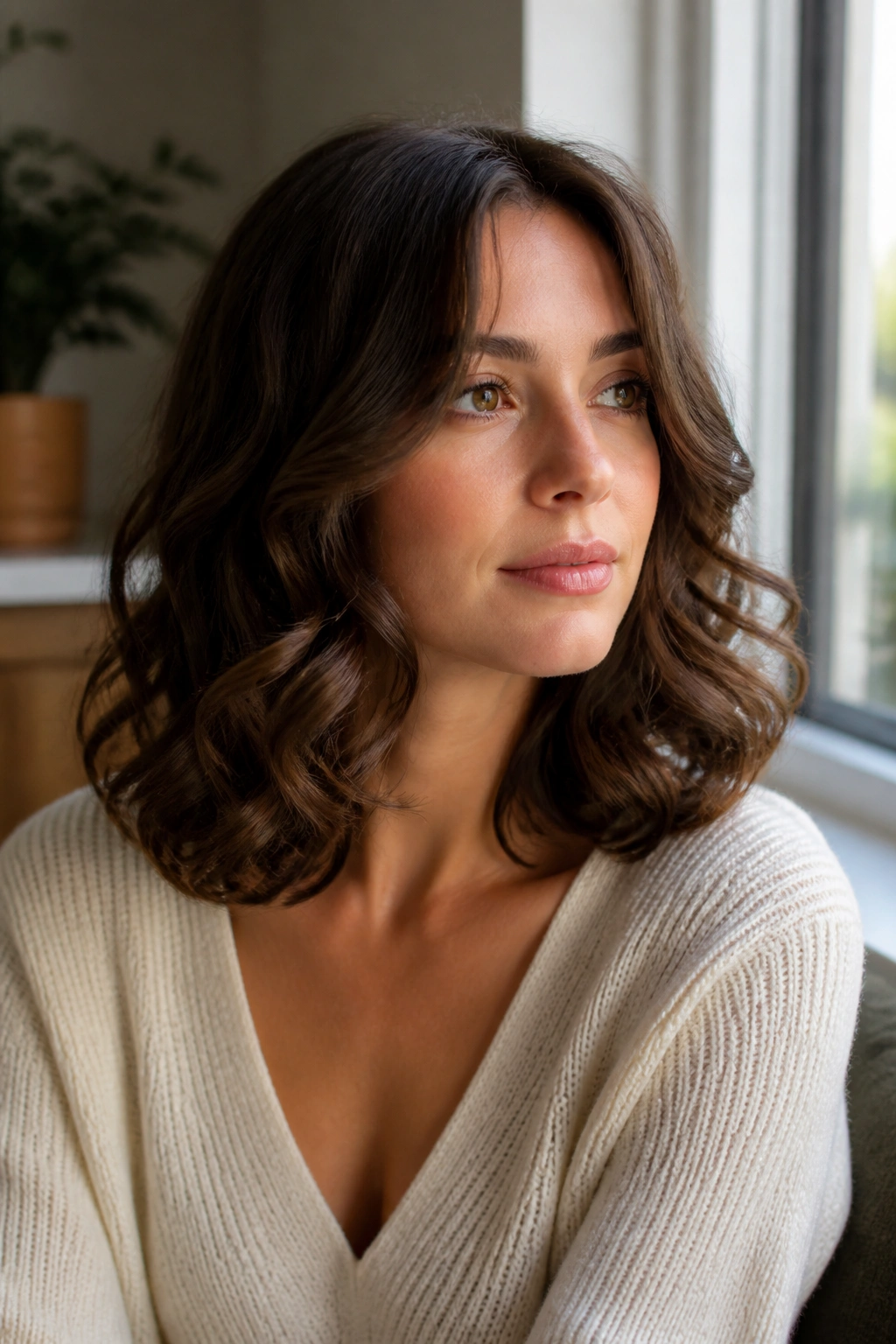 Close-up of a real woman with shoulder-length curls and rounded ends in a sunlit room