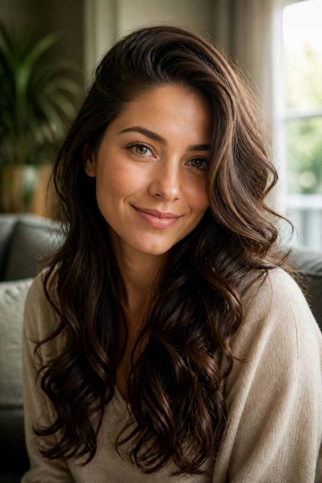 Close-up of a real woman with soft curls and a deep side part by a window.