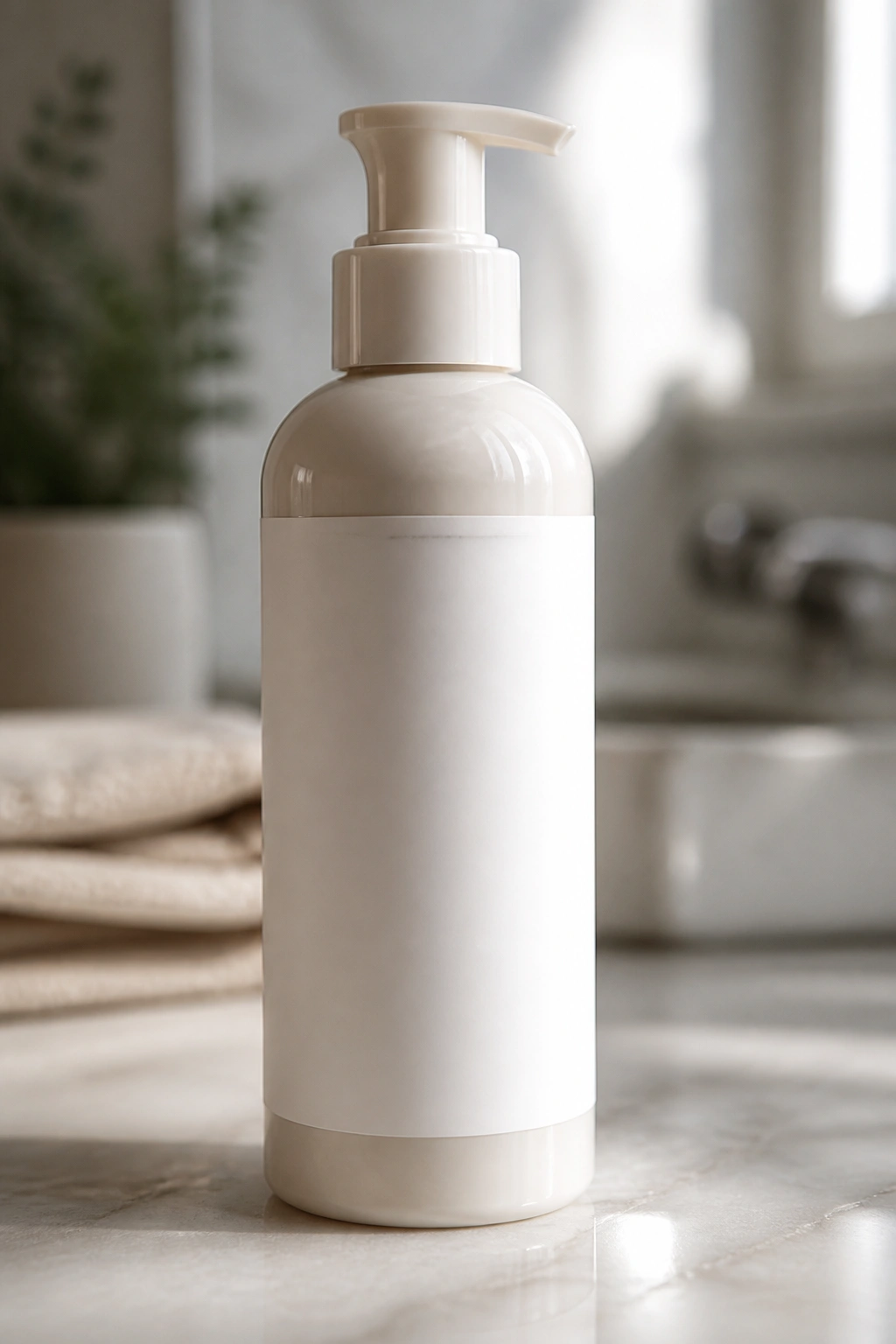Close-up of Curlsmith Weightless Air Dry Cream bottle on bathroom counter with no visible text