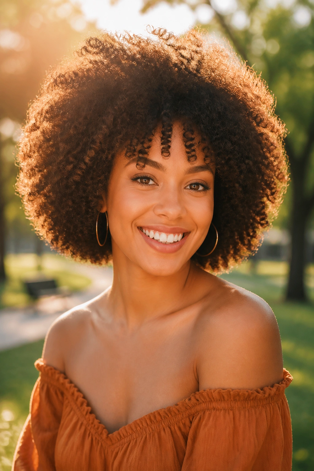Close-up of a real woman with curly afro and shaped halo