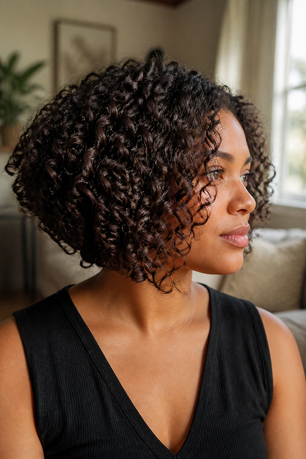 Close-up of a real woman with curly angled bob, curls below the cheeks.