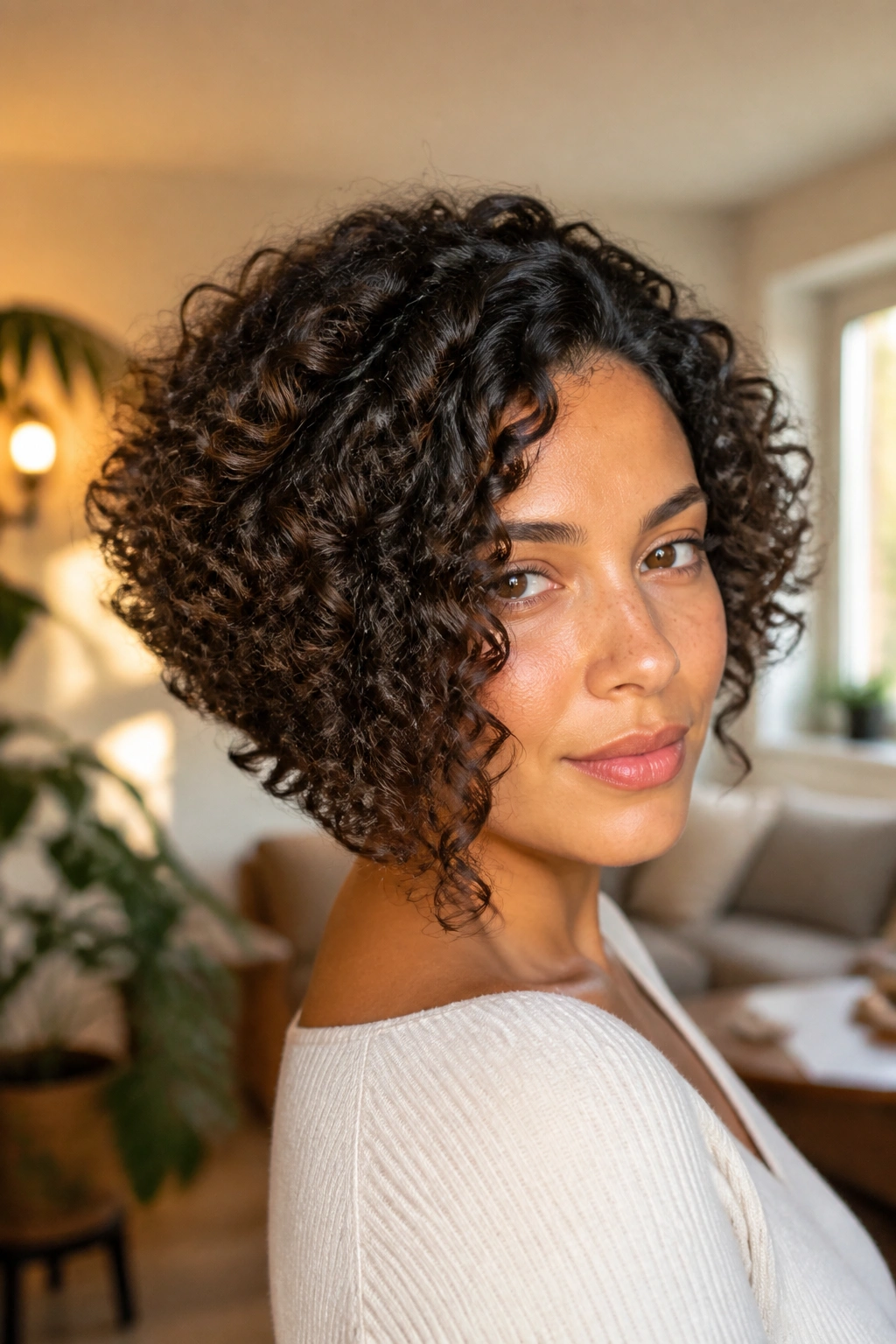 Close-up of a real woman with a curly angled bob in warm indoor light