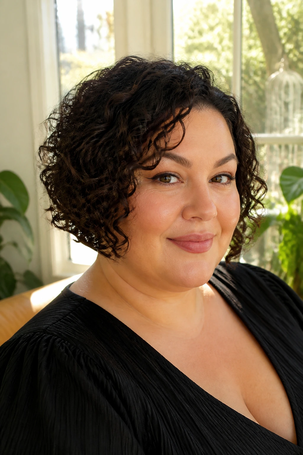 Real woman with curly angled bob hugging the jaw in natural light