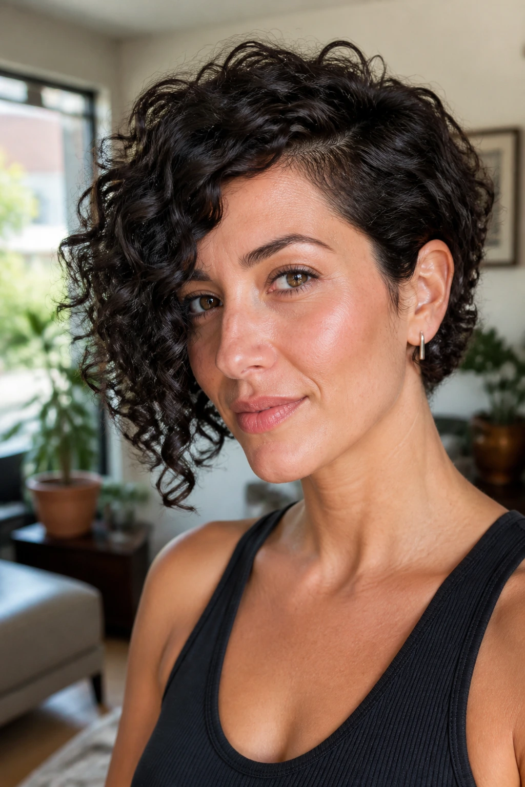 Close-up of a real woman with curly asymmetric bob framing the face