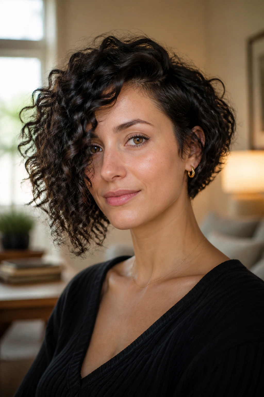 Close-up portrait of a real woman with a curly asymmetric bob dominating the frame