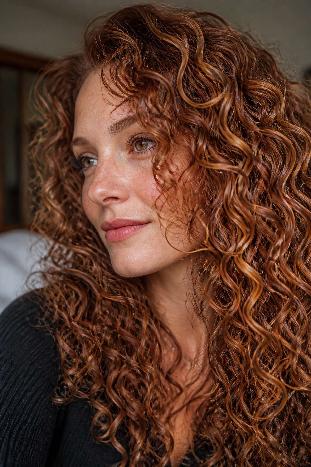 Close-up of a real woman with curly auburn hair and ribbon highlights