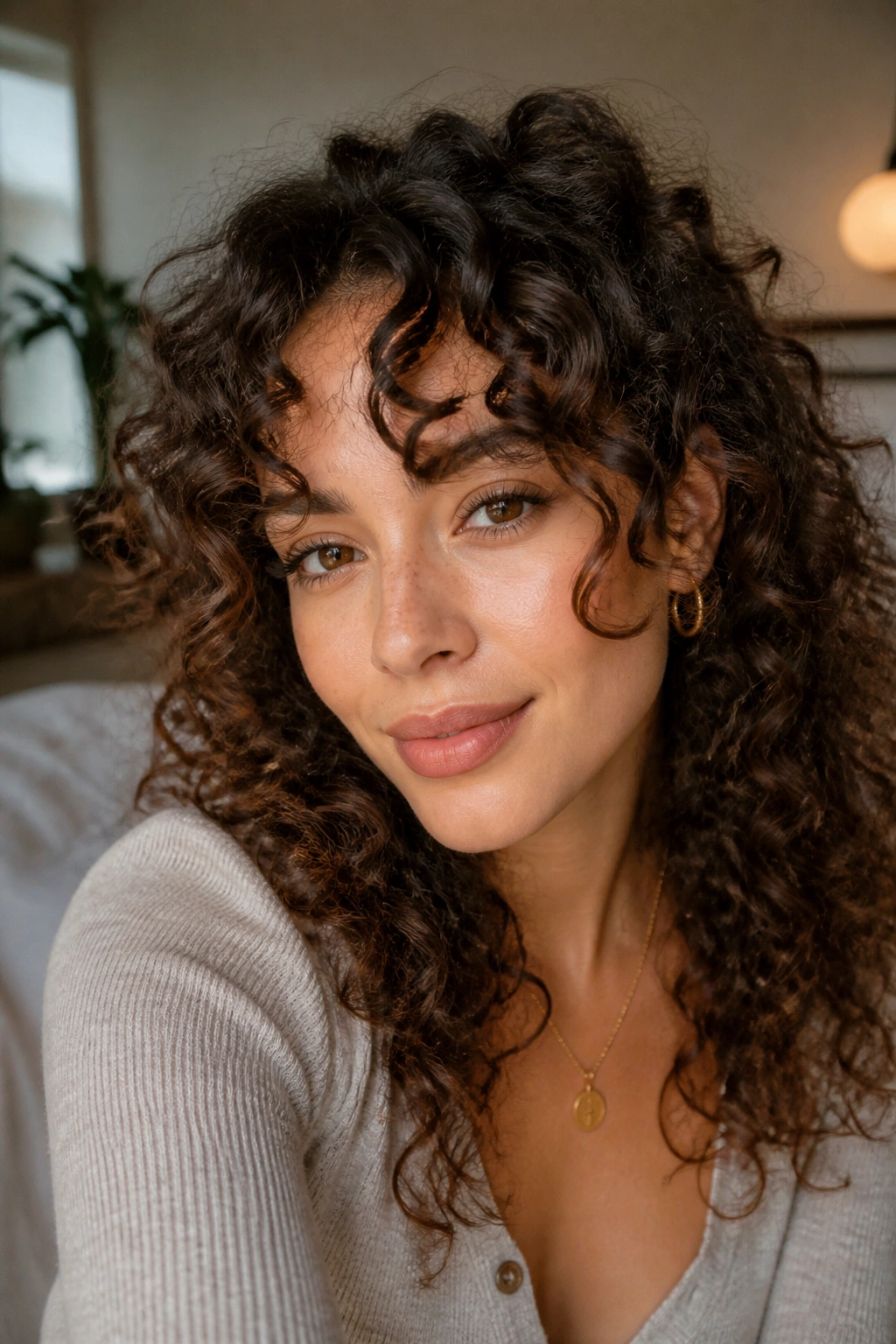 Close-up portrait of a real woman with curly curtain bangs forming soft arcs in warm window light