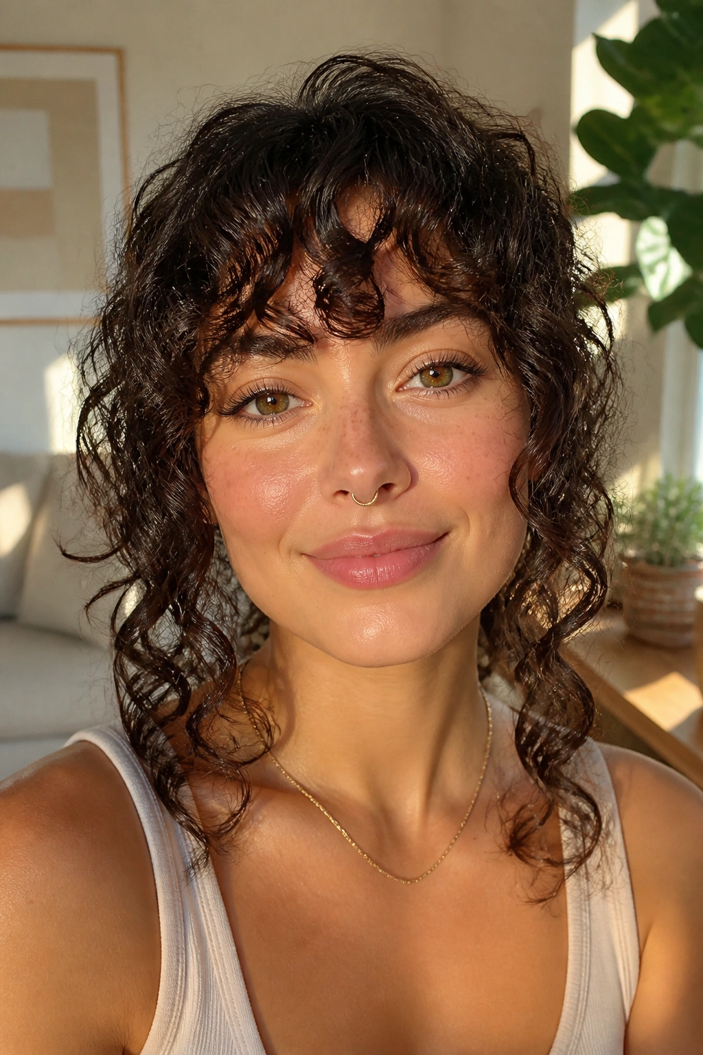 Close-up of a real woman with curly bangs and cheekbone-length layers framing the face