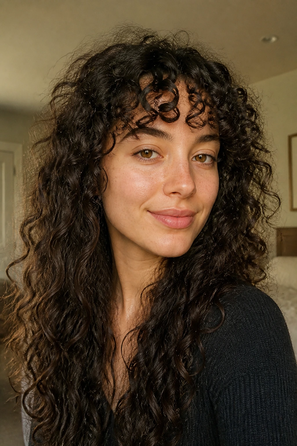 Close-up of a real woman with curly bangs matching her curl pattern in natural light