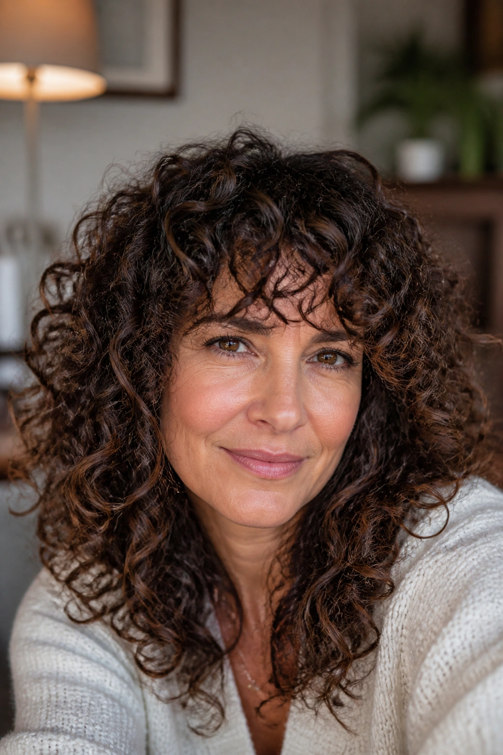 Real woman with curly bangs matching curl pattern in soft light