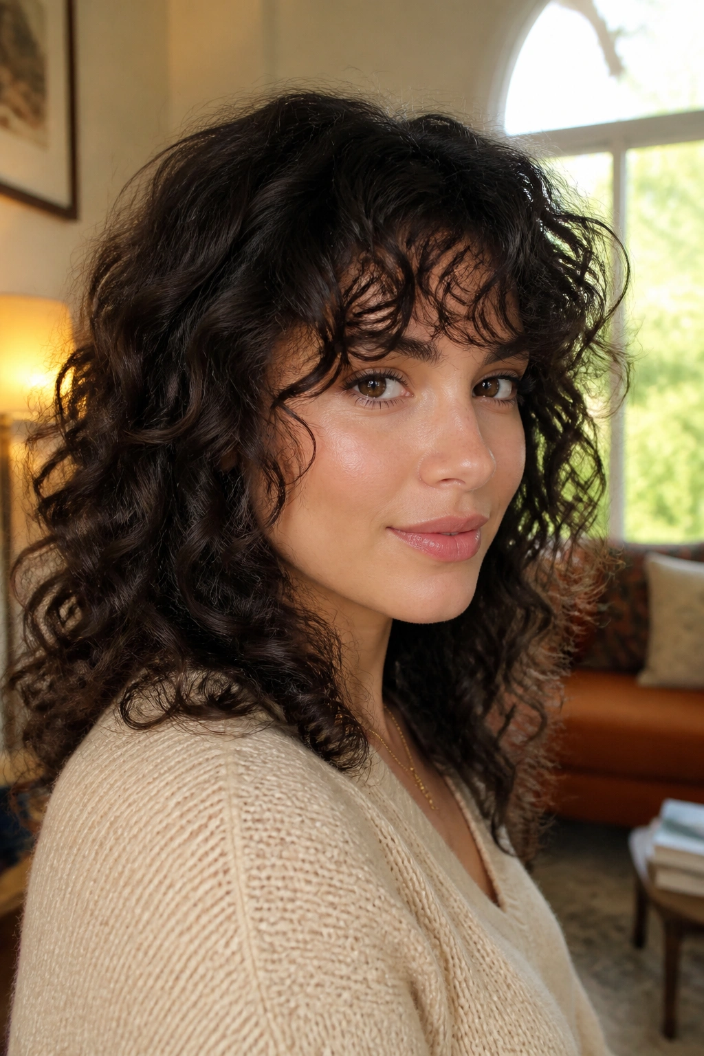 Close-up portrait of a woman with curly feathered bangs in natural daylight.