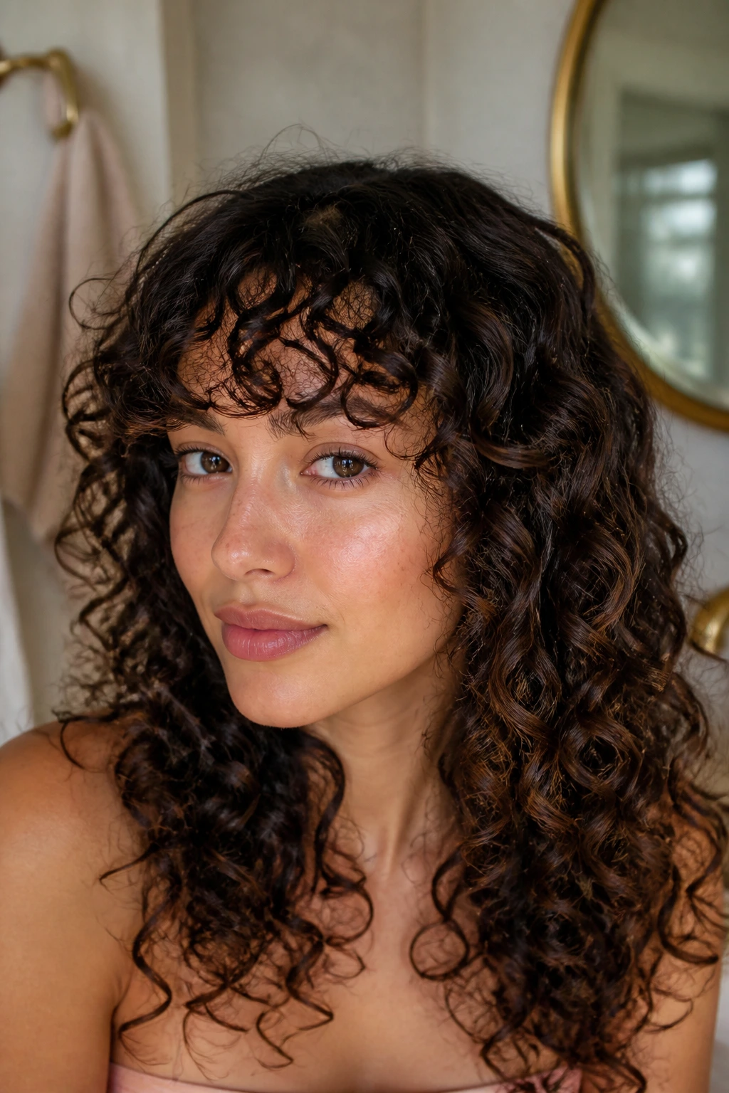 Close-up of a real woman with curly bangs softening a high forehead in diffused bathroom light