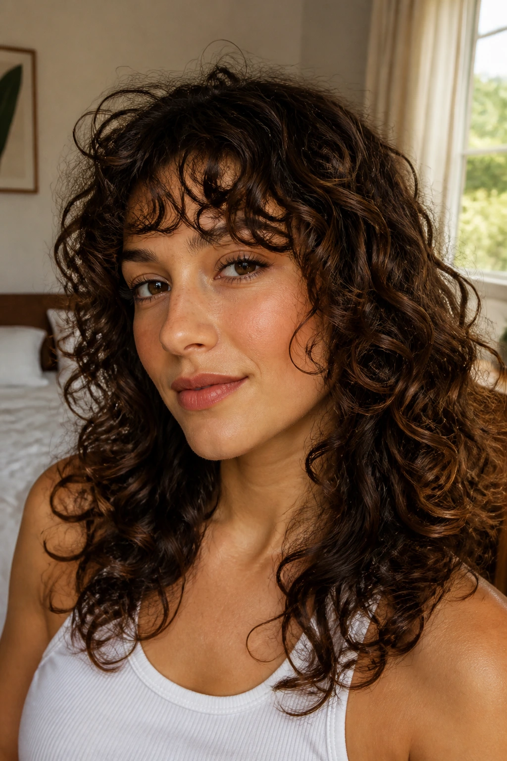 Close-up of curly bangs with layered curls on a real woman in warm window light