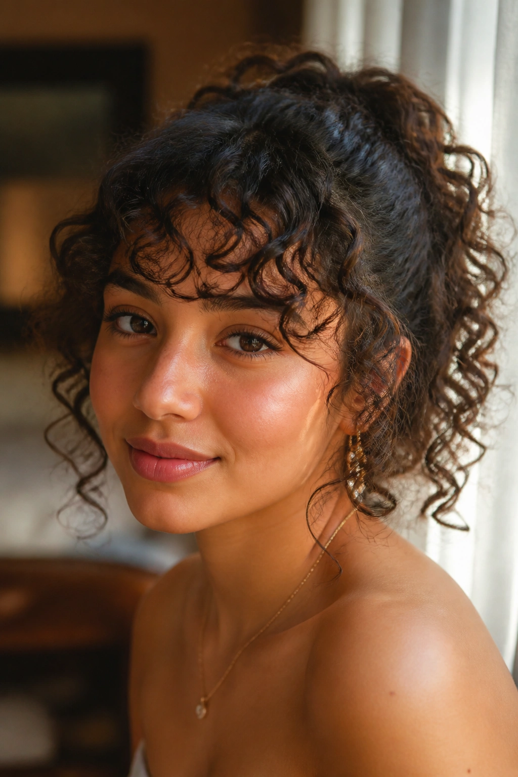 Close-up of curly bangs following natural curl pattern on a real woman with soft indoor light