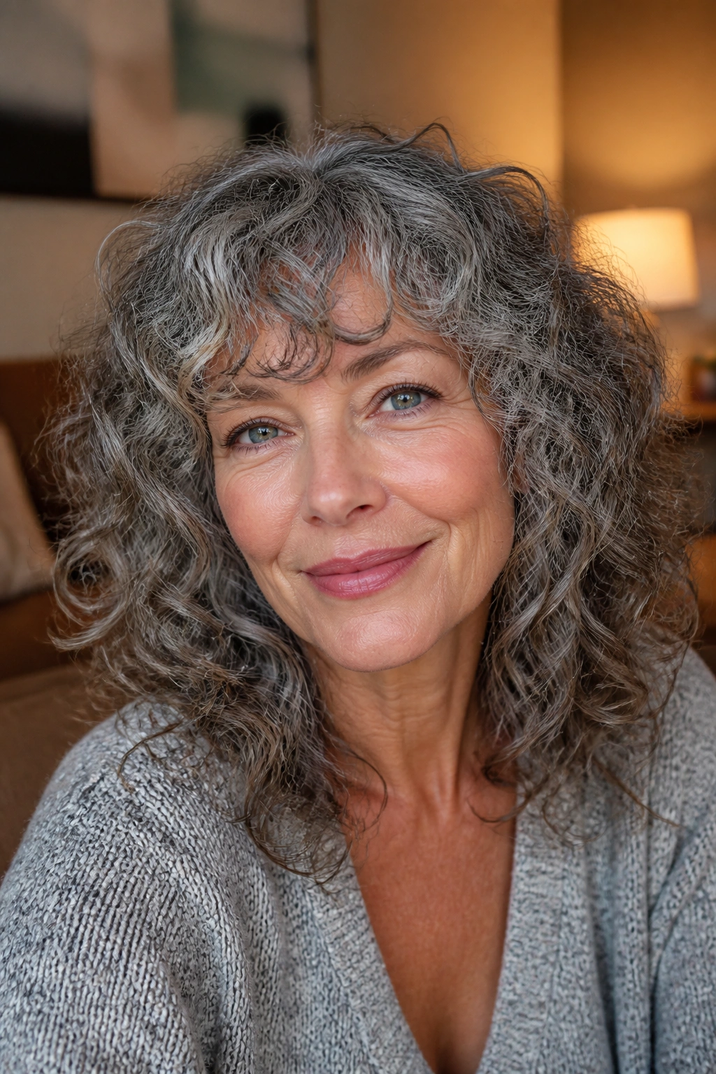Real woman with curly bangs following natural curl pattern in warm living room light