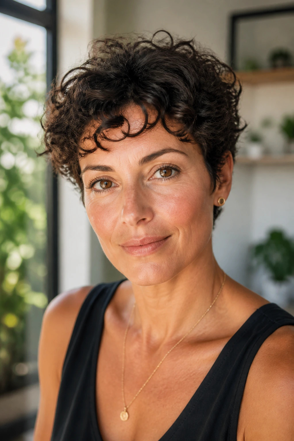 Real woman with short curly bangs in natural light with halo curls