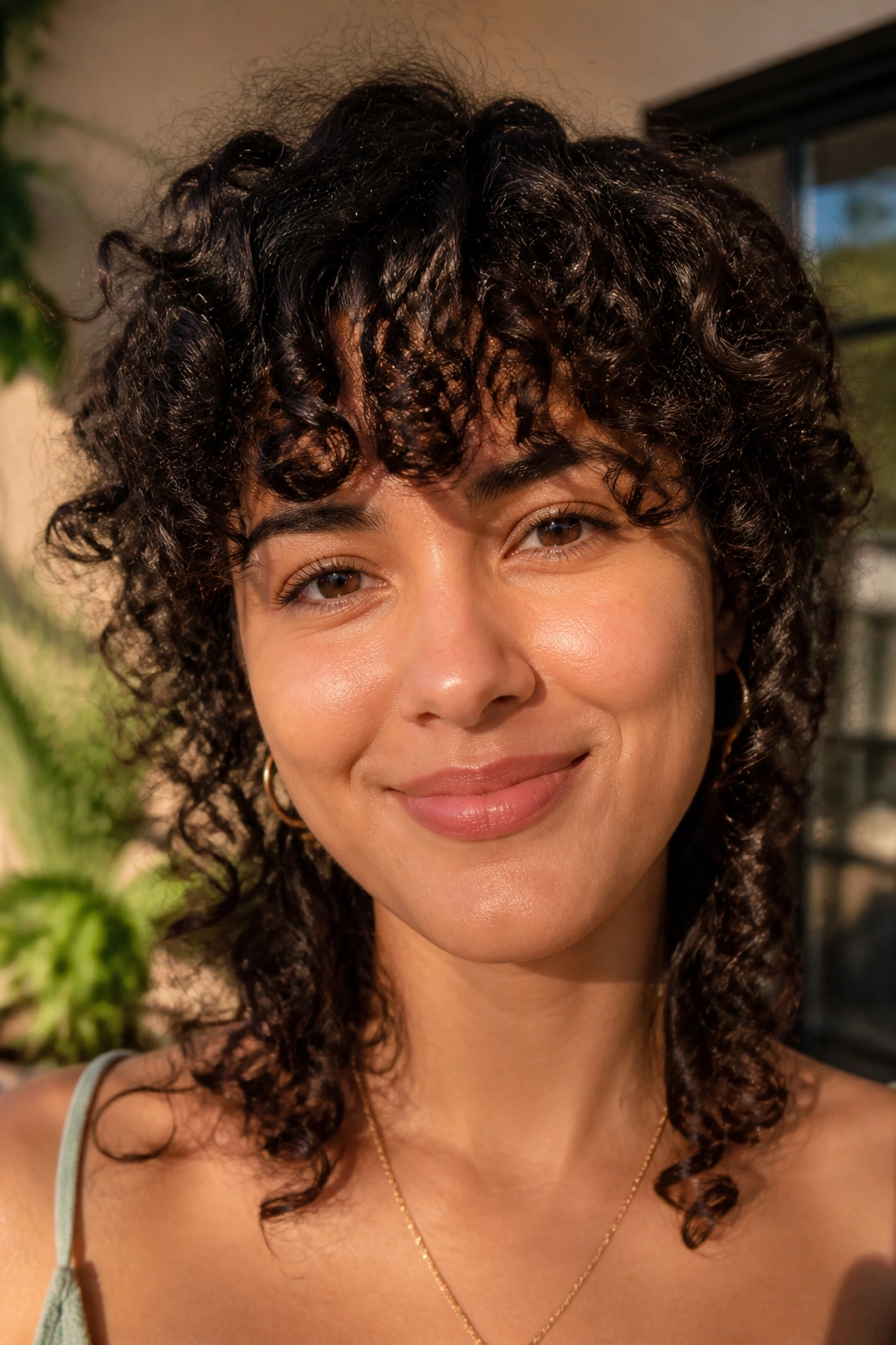 Close-up portrait of a real person with curly bangs and defined curls