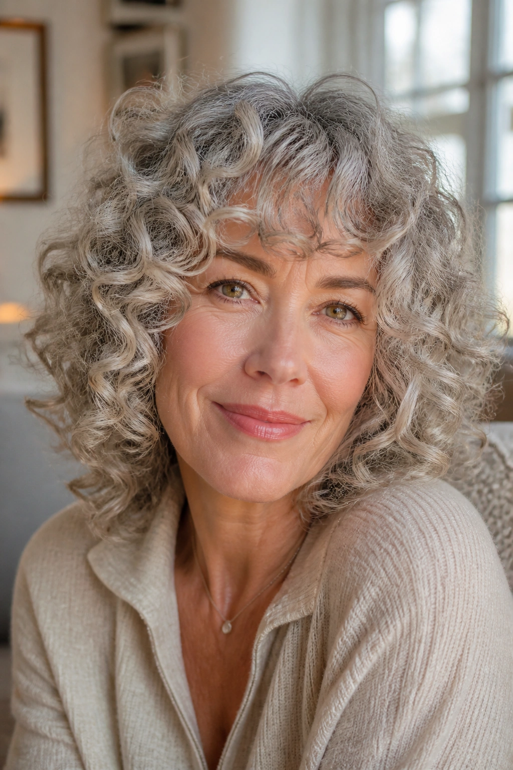 Close-up portrait of a real woman in her 50s with curly bangs and silver curls framing her face, warm window light.