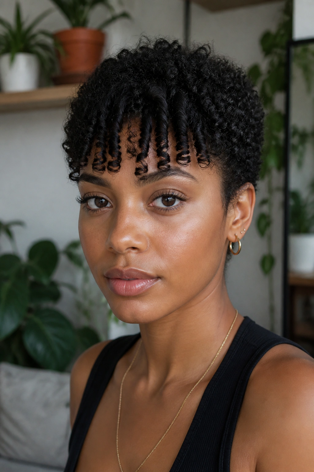 Close-up portrait of a real woman with curly bangs on a short natural cut in a plant-filled living room.