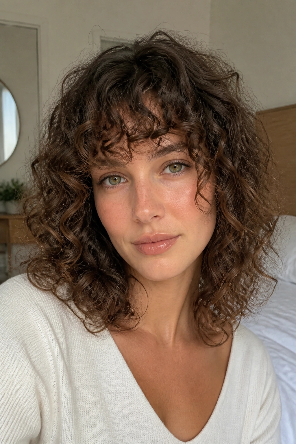 Close-up of a real person with curly bangs at shoulder length, natural light in a cozy bedroom