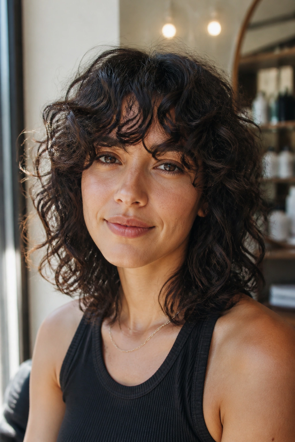 Close-up portrait of a woman with curly bangs and shoulder-length layered curls in warm window light