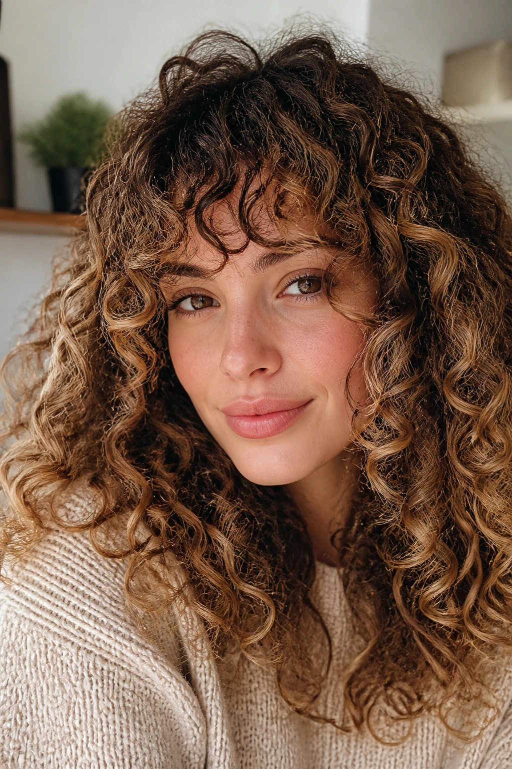 Close-up of a woman with curly bangs and sunlit balayage in natural light