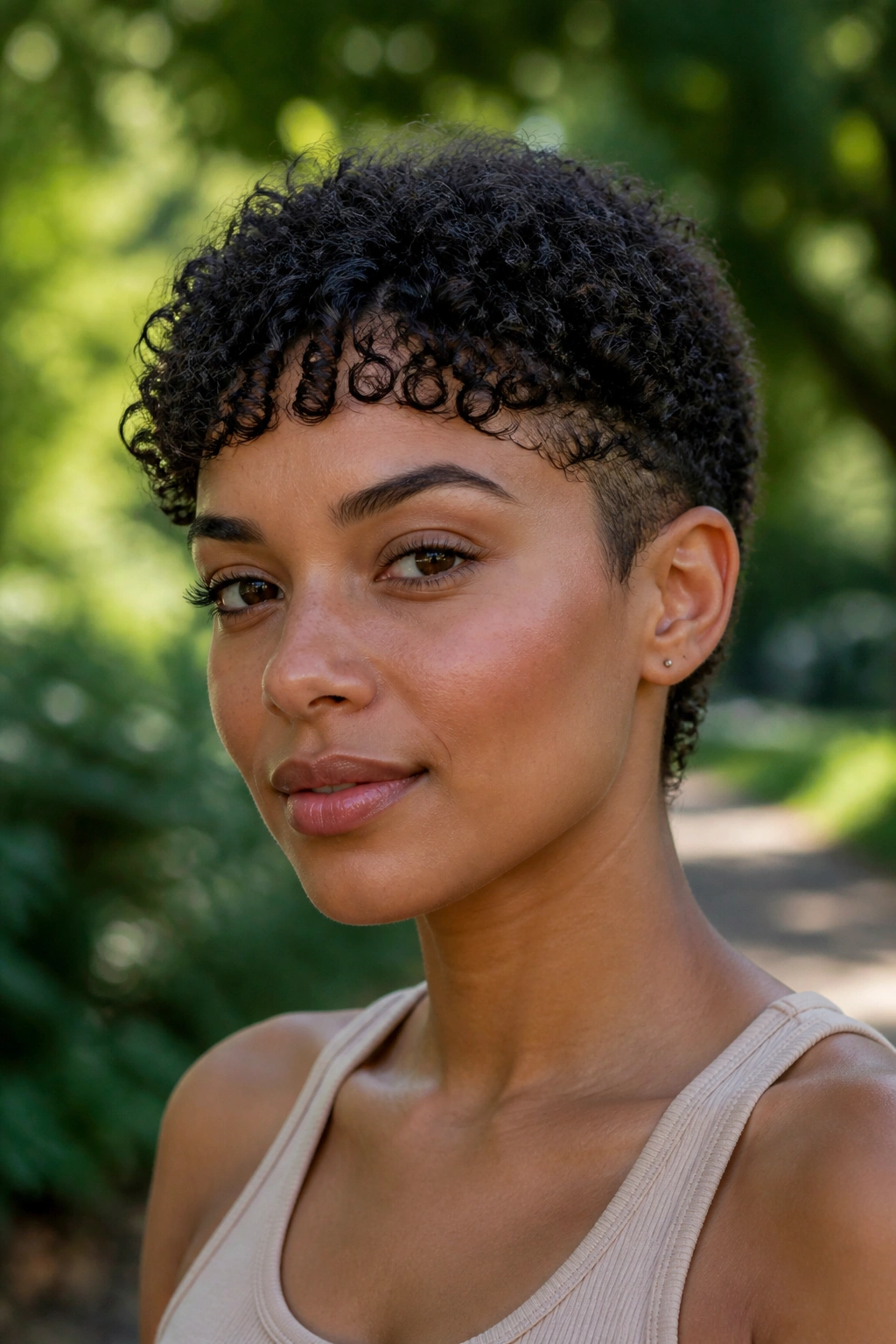 Woman with curly baby bangs on a tapered cut in a park setting