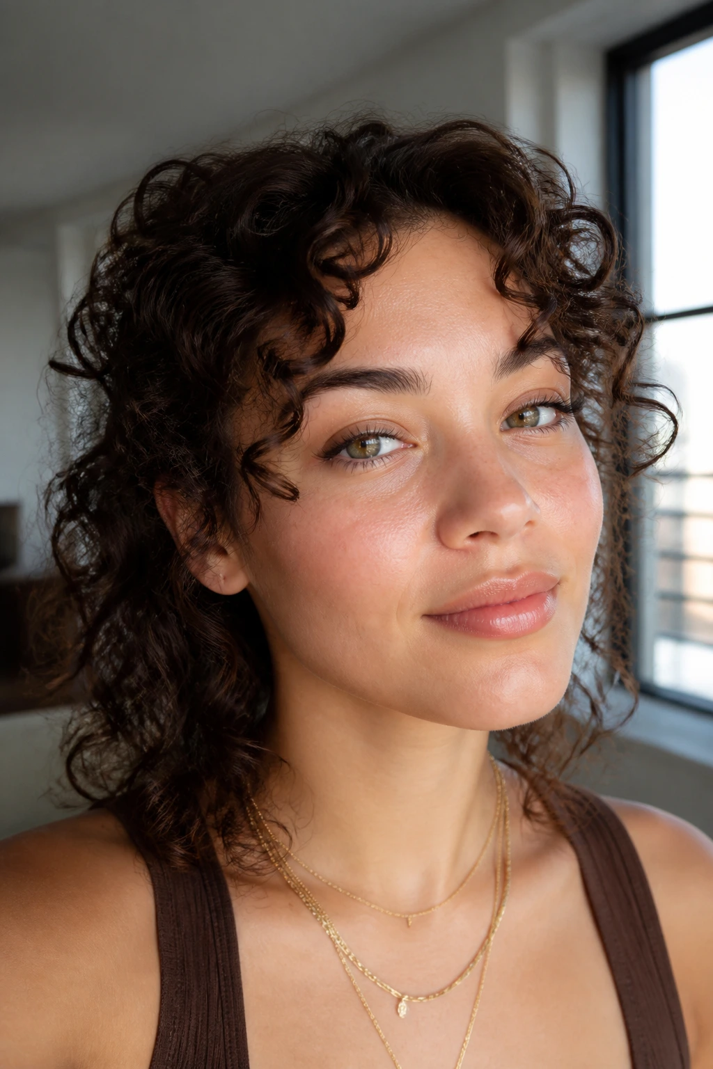 Close-up of person with temple-start bangs keeping center open and curly hair