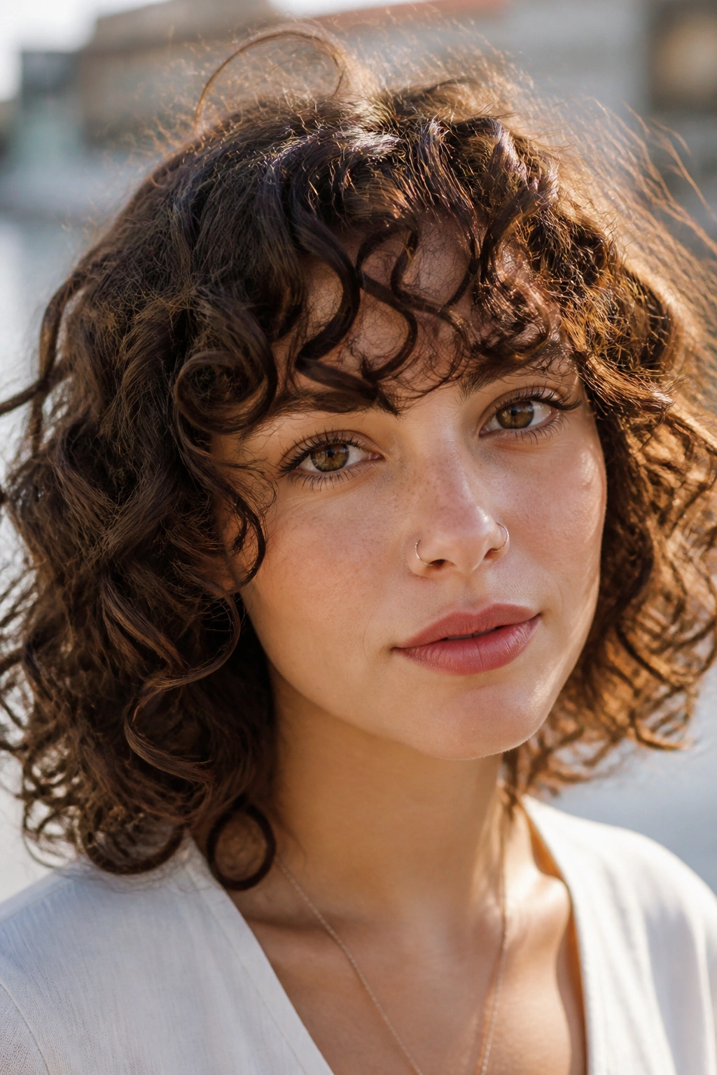 Close-up of a real person with curly bangs above the eyes