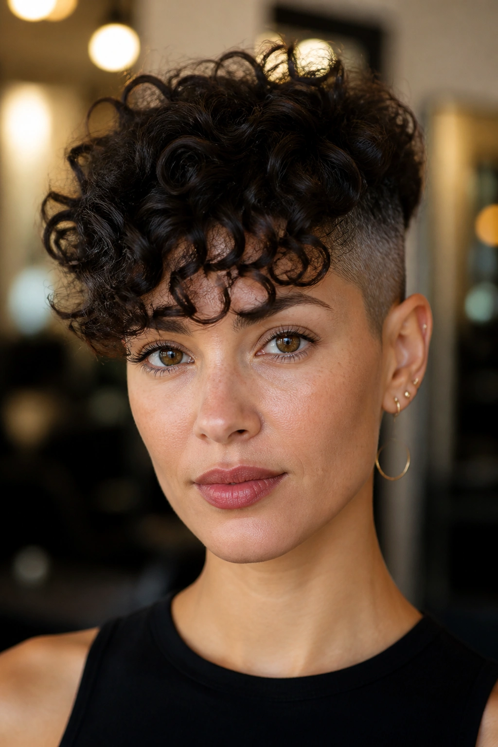 Portrait of a person with curly bangs and undercut
