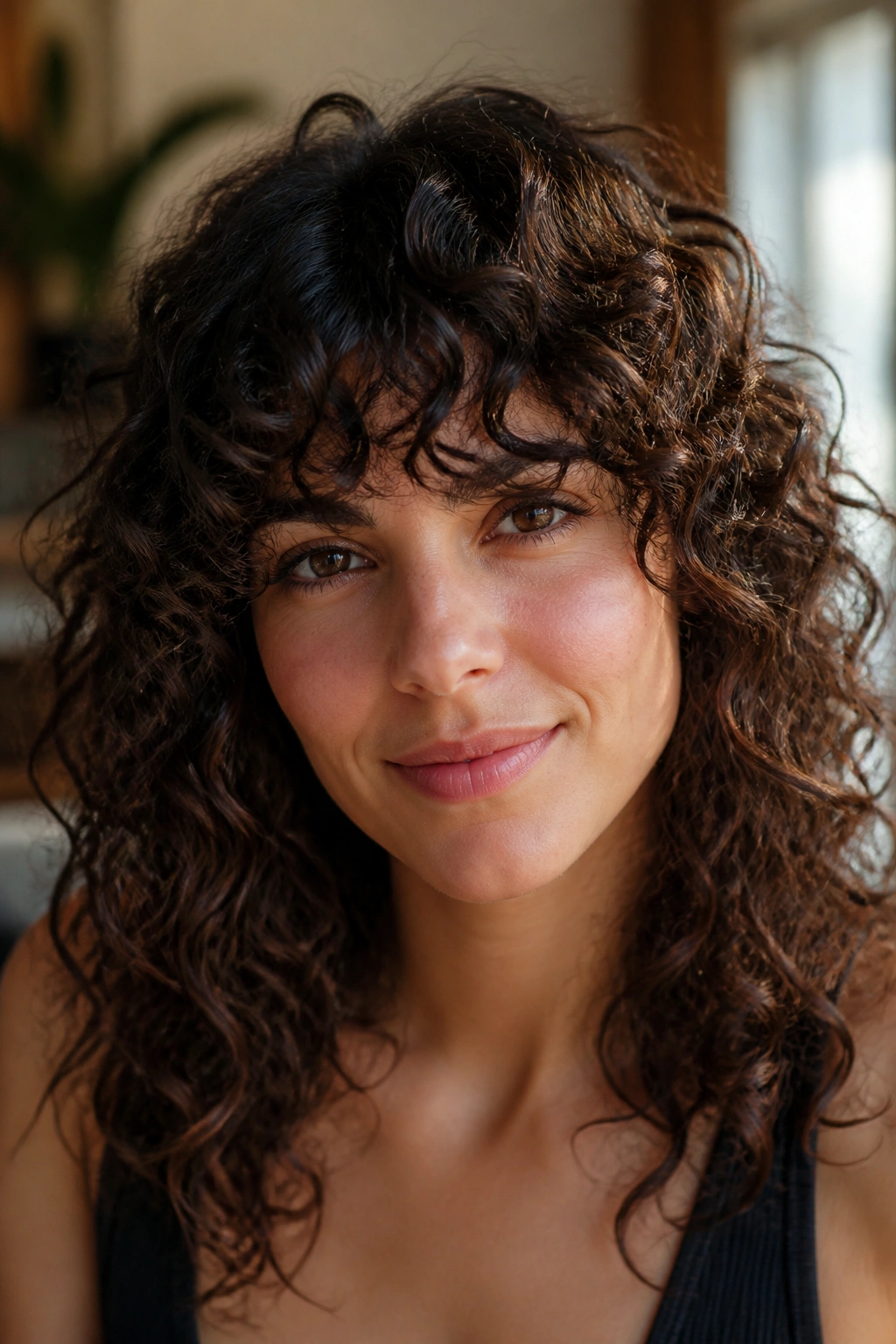 Close-up of a real person with full curly bangs across the forehead framing the eyes.