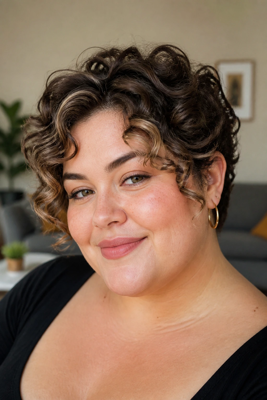 Close-up of a real woman with curly bixie and face halo framing