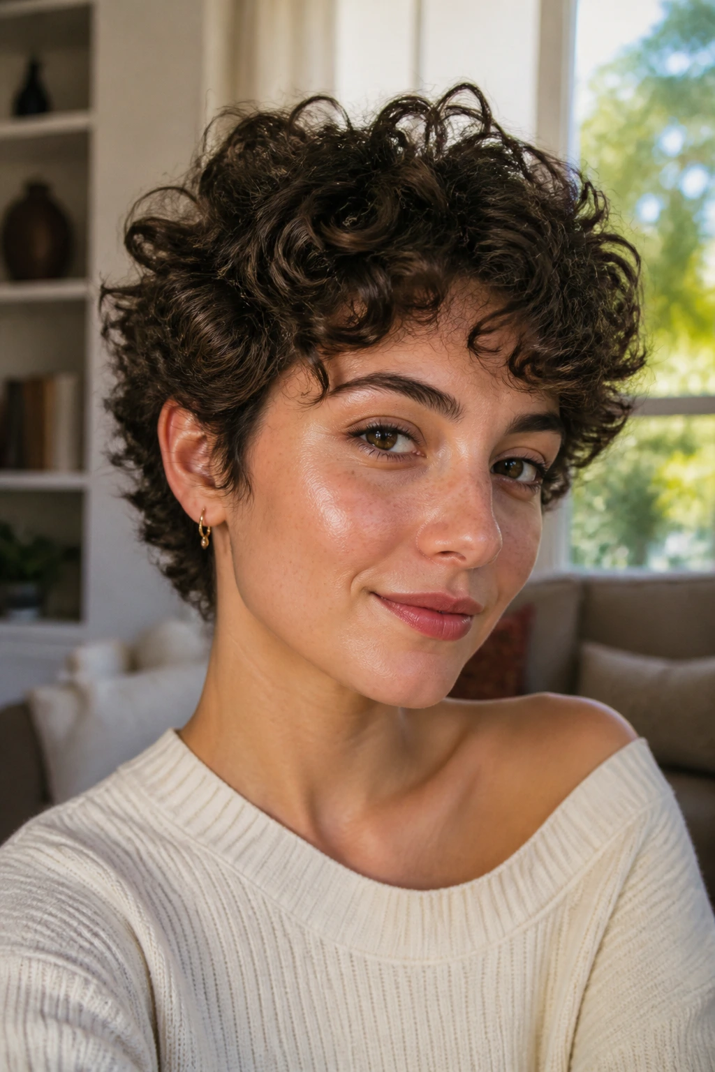 Close-up of real woman with curly bixie hairstyle in natural window light